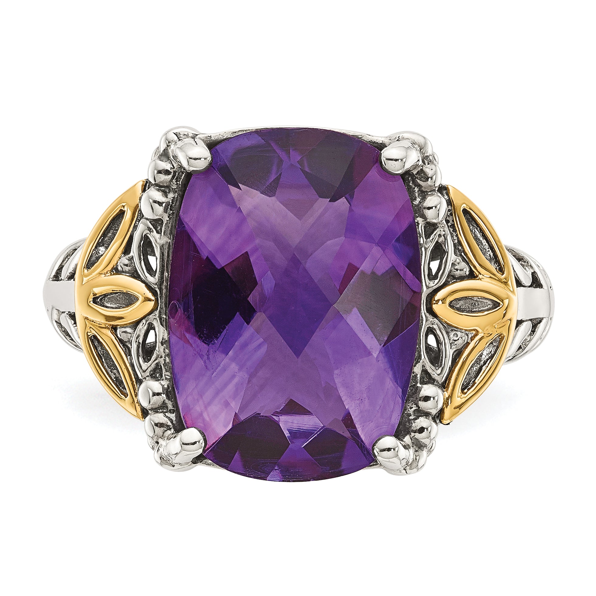 14K/Silver Two Tone Shey Couture Sterling Silver With 14K Accent Antiqued Cushion Amethyst Ring