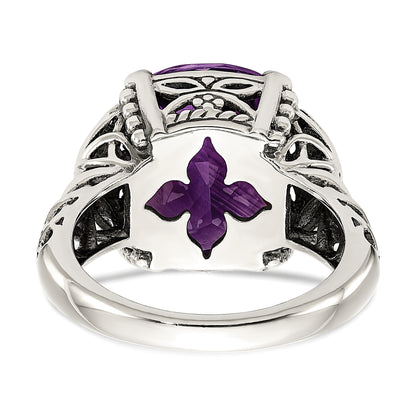 14K/Silver Two Tone Shey Couture Sterling Silver With 14K Accent Antiqued Cushion Amethyst Ring