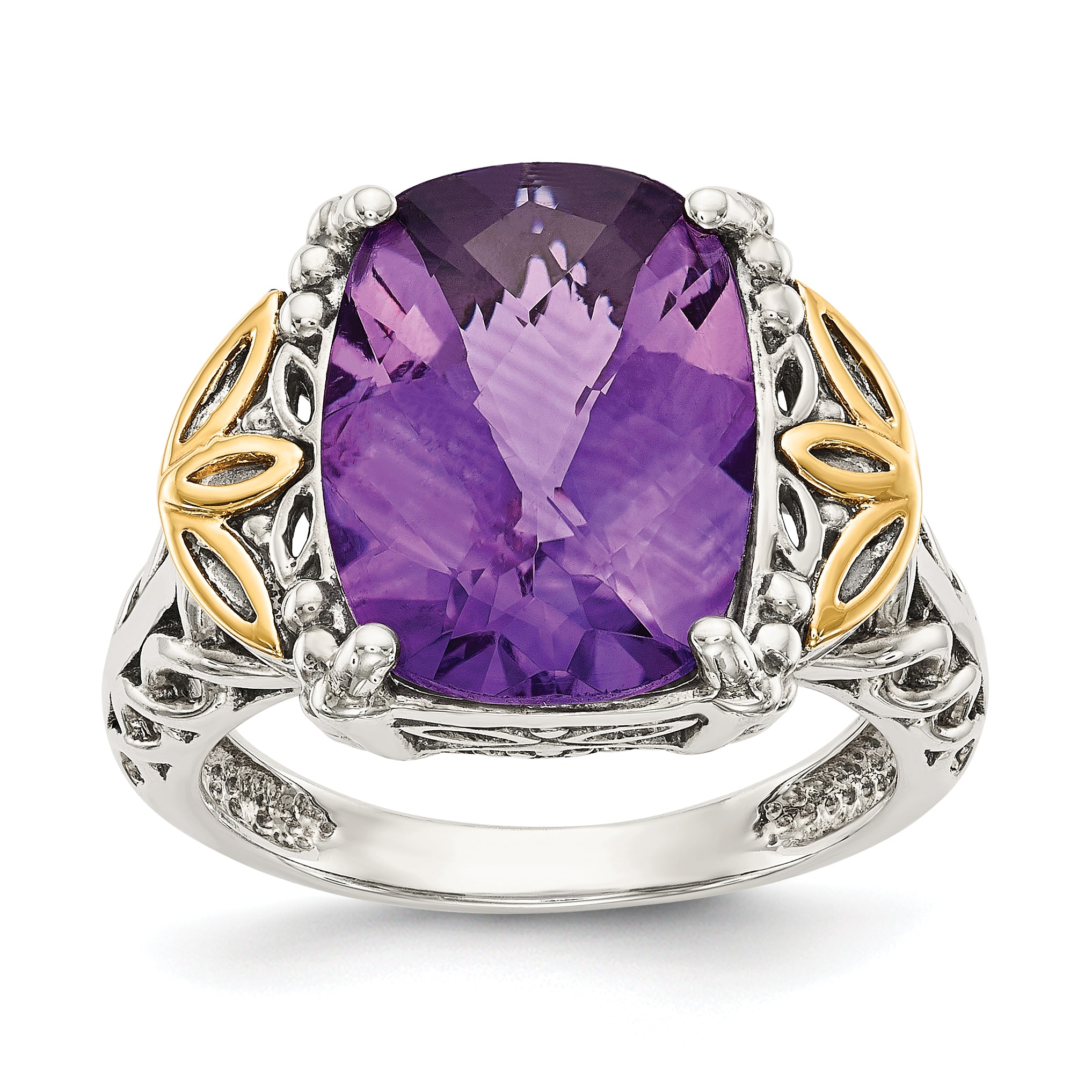 14K/Silver Two Tone Shey Couture Sterling Silver With 14K Accent Antiqued Cushion Amethyst Ring