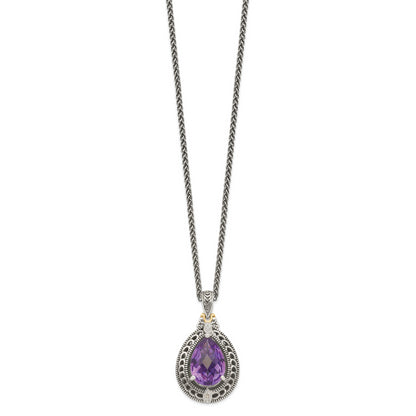 14K/Silver Two Tone Shey Couture Sterling Silver With 14K Accent 18 Inch Antiqued Diamond And Pear Shaped Amethyst Necklace