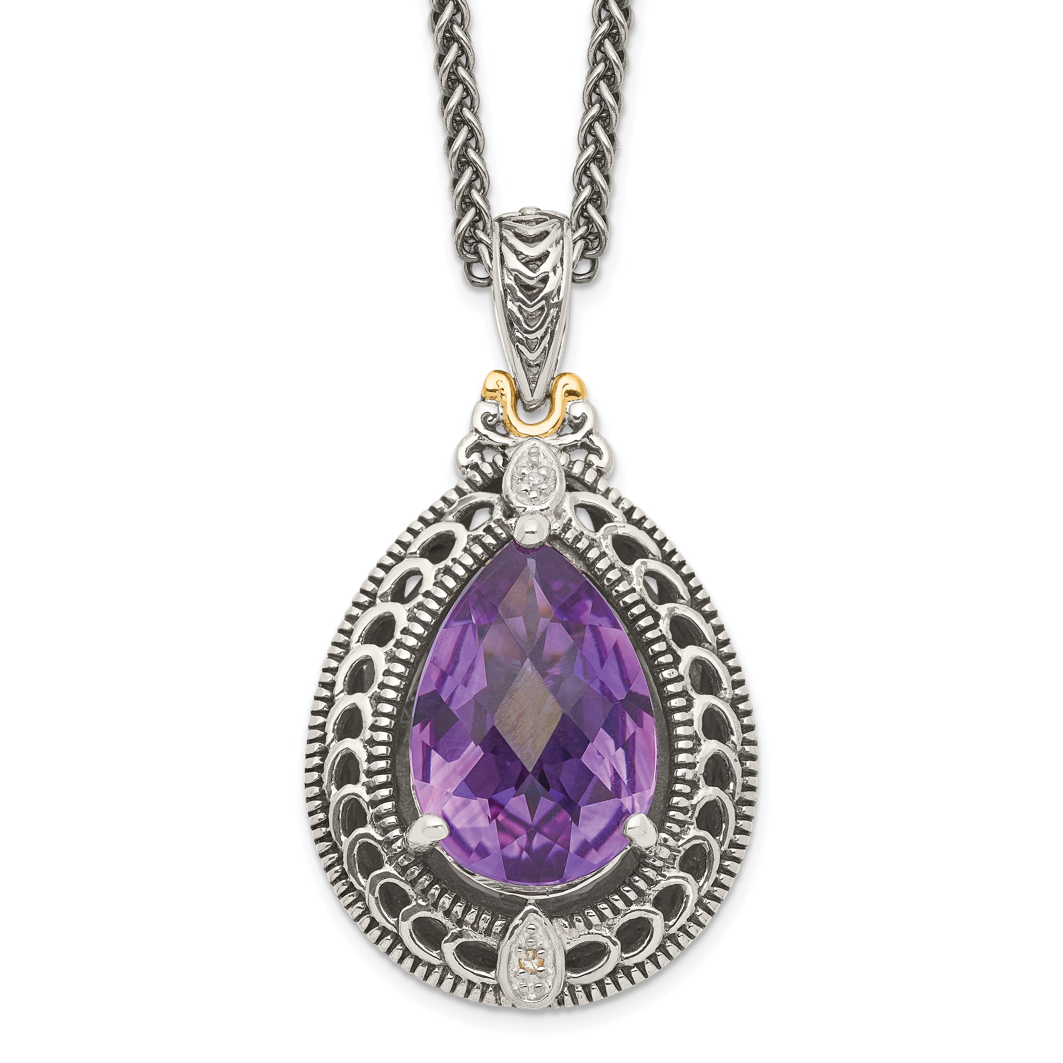 14K/Silver Two Tone Shey Couture Sterling Silver With 14K Accent 18 Inch Antiqued Diamond And Pear Shaped Amethyst Necklace