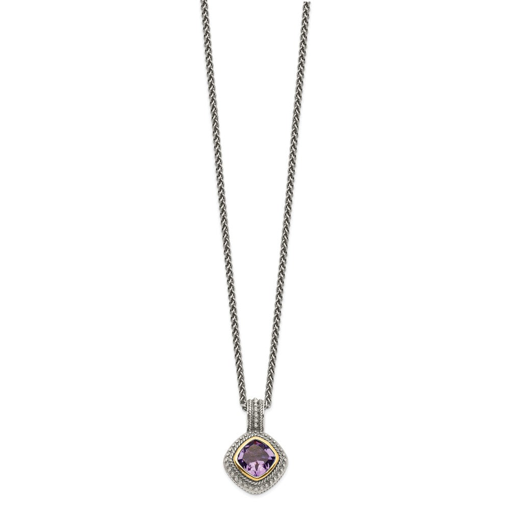 14K/Silver Two Tone Shey Couture Sterling Silver With 14K Accent 18 Inch Antiqued Cushion Bezel Amethyst Necklace