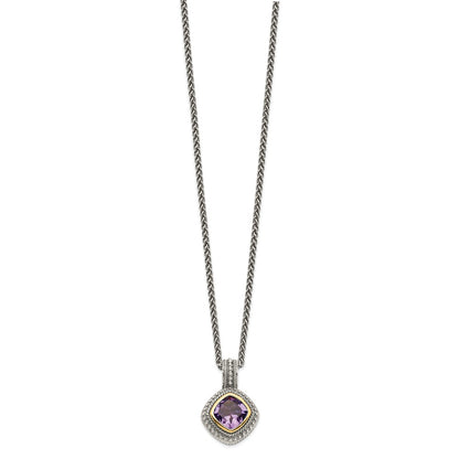 14K/Silver Two Tone Shey Couture Sterling Silver With 14K Accent 18 Inch Antiqued Cushion Bezel Amethyst Necklace