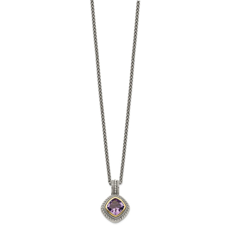 14K/Silver Two Tone Shey Couture Sterling Silver With 14K Accent 18 Inch Antiqued Cushion Bezel Amethyst Necklace