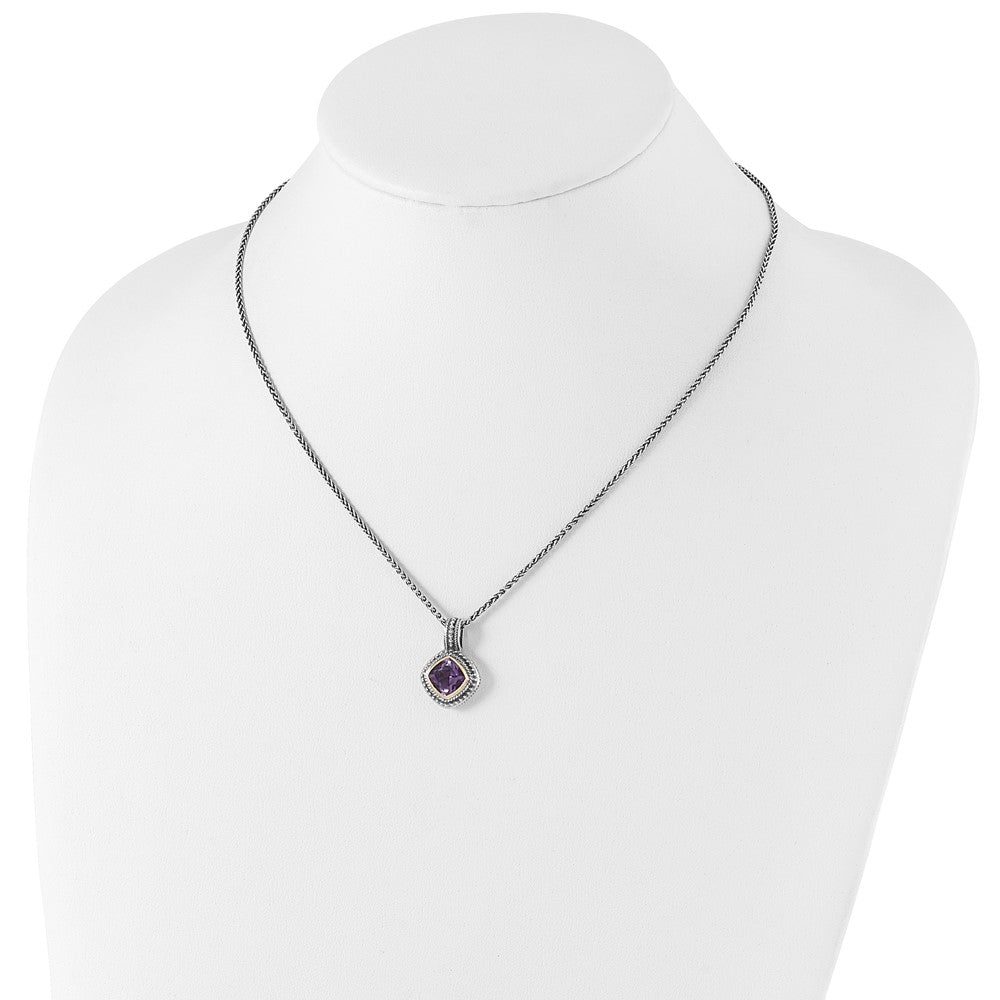 14K/Silver Two Tone Shey Couture Sterling Silver With 14K Accent 18 Inch Antiqued Cushion Bezel Amethyst Necklace