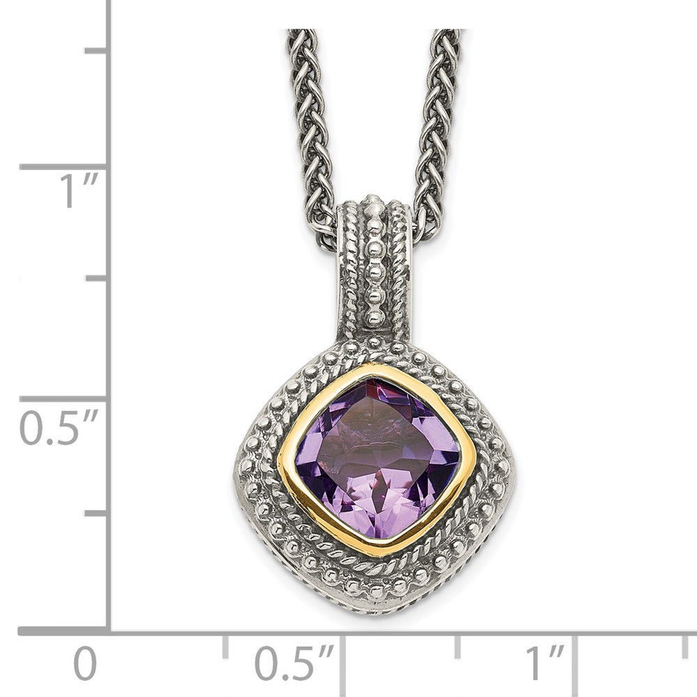 14K/Silver Two Tone Shey Couture Sterling Silver With 14K Accent 18 Inch Antiqued Cushion Bezel Amethyst Necklace