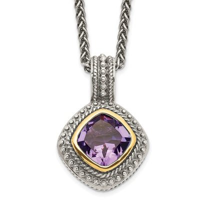 14K/Silver Two Tone Shey Couture Sterling Silver With 14K Accent 18 Inch Antiqued Cushion Bezel Amethyst Necklace