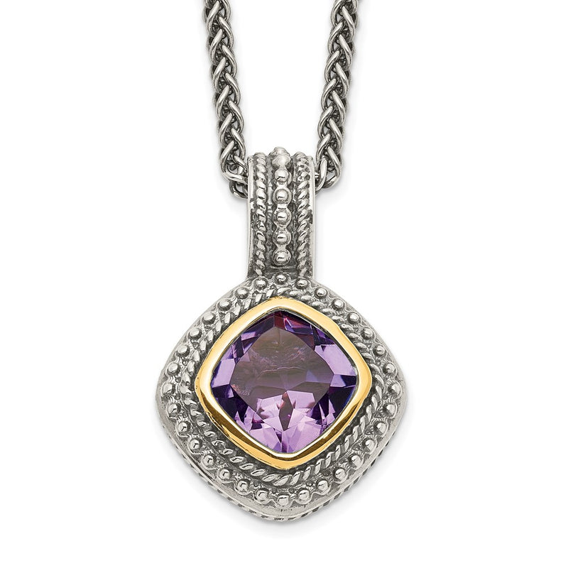 14K/Silver Two Tone Shey Couture Sterling Silver With 14K Accent 18 Inch Antiqued Cushion Bezel Amethyst Necklace