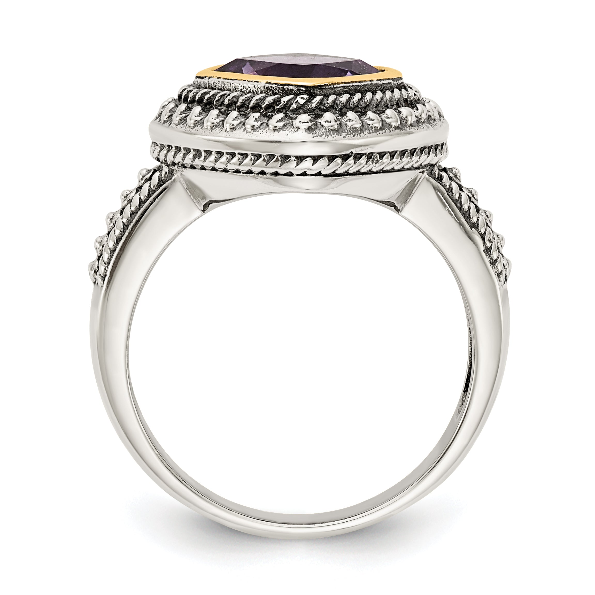 14K/Silver Two Tone Shey Couture Sterling Silver With 14K Accent Antiqued Cushion Bezel Amethyst Ring