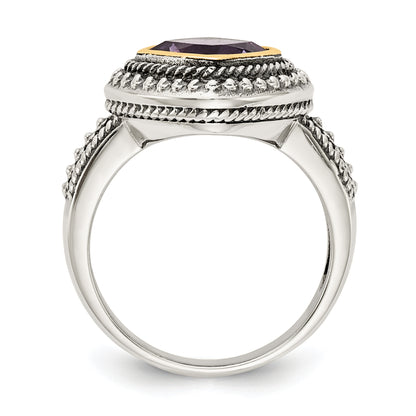 14K/Silver Two Tone Shey Couture Sterling Silver With 14K Accent Antiqued Cushion Bezel Amethyst Ring