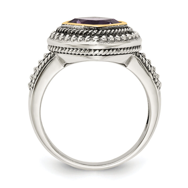 14K/Silver Two Tone Shey Couture Sterling Silver With 14K Accent Antiqued Cushion Bezel Amethyst Ring