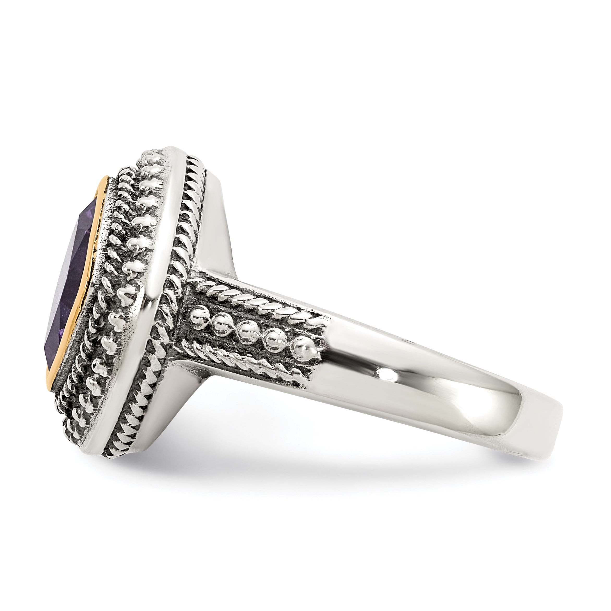 14K/Silver Two Tone Shey Couture Sterling Silver With 14K Accent Antiqued Cushion Bezel Amethyst Ring
