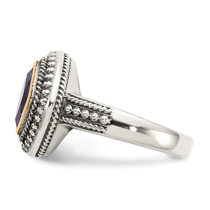 14K/Silver Two Tone Shey Couture Sterling Silver With 14K Accent Antiqued Cushion Bezel Amethyst Ring