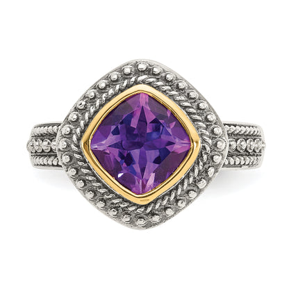 14K/Silver Two Tone Shey Couture Sterling Silver With 14K Accent Antiqued Cushion Bezel Amethyst Ring