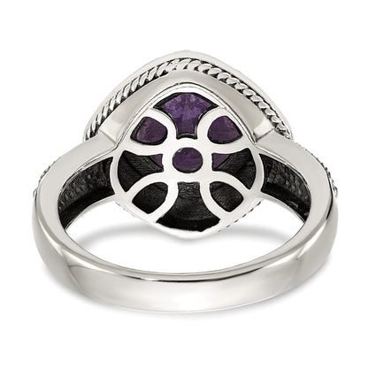 14K/Silver Two Tone Shey Couture Sterling Silver With 14K Accent Antiqued Cushion Bezel Amethyst Ring