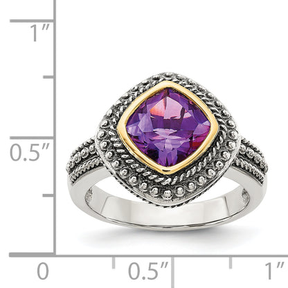 14K/Silver Two Tone Shey Couture Sterling Silver With 14K Accent Antiqued Cushion Bezel Amethyst Ring