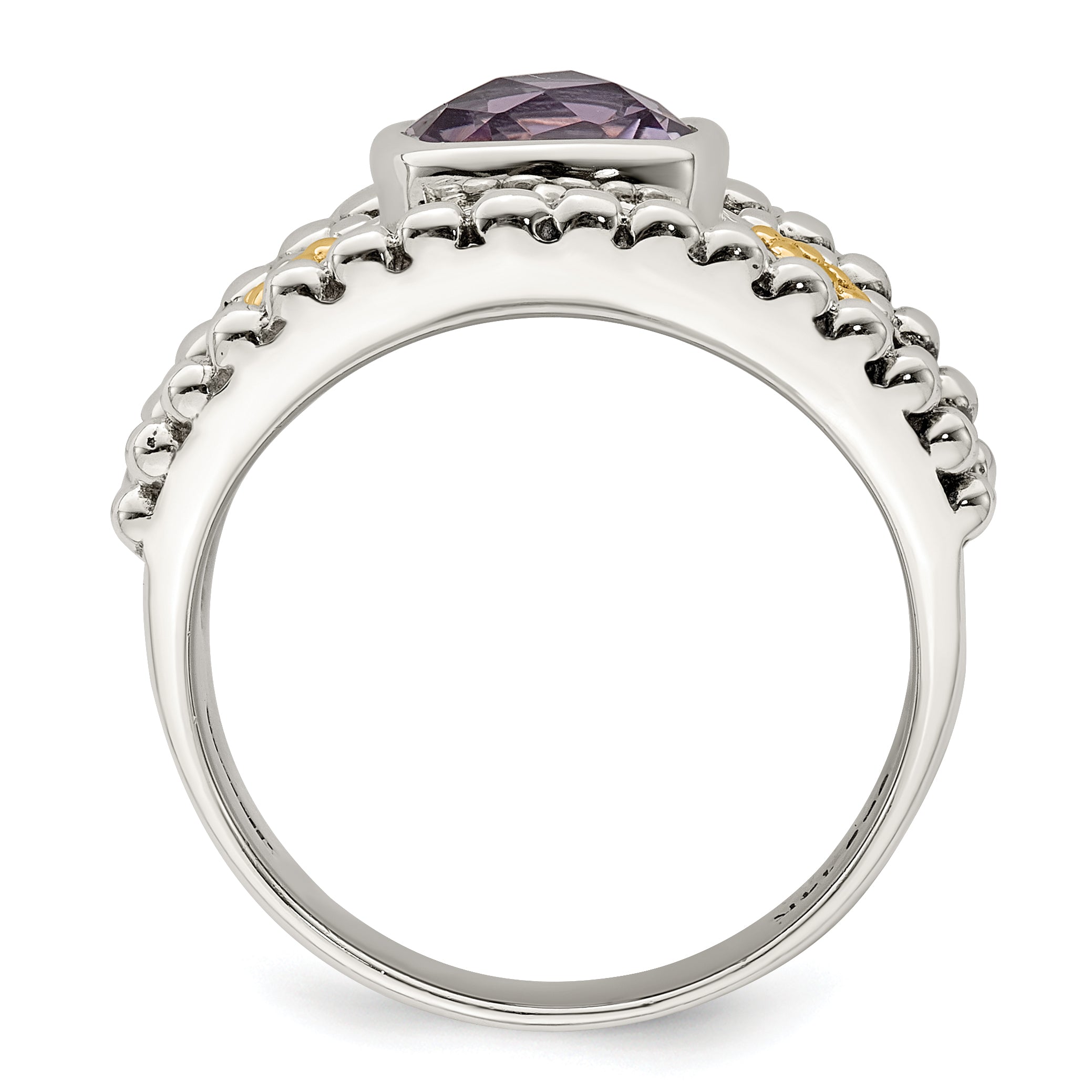 14K/Silver Two Tone Shey Couture Sterling Silver With 14K Accent Antiqued Checkerboard Cut Cushion Bezel Amethyst Ring