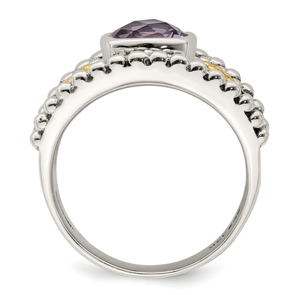 14K/Silver Two Tone Shey Couture Sterling Silver With 14K Accent Antiqued Checkerboard Cut Cushion Bezel Amethyst Ring