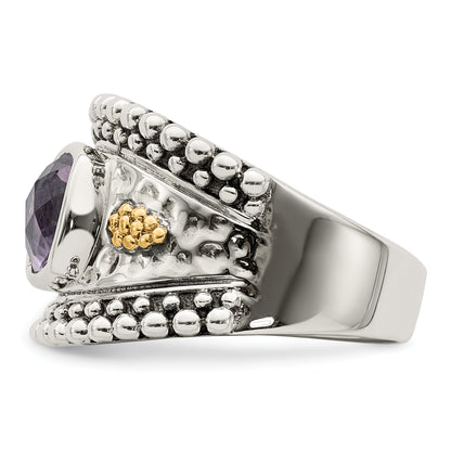14K/Silver Two Tone Shey Couture Sterling Silver With 14K Accent Antiqued Checkerboard Cut Cushion Bezel Amethyst Ring