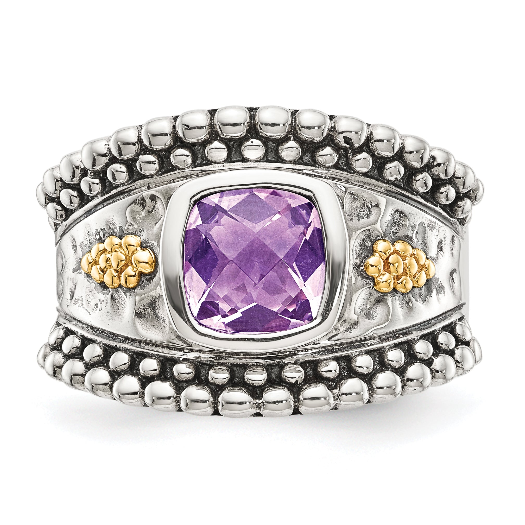 14K/Silver Two Tone Shey Couture Sterling Silver With 14K Accent Antiqued Checkerboard Cut Cushion Bezel Amethyst Ring