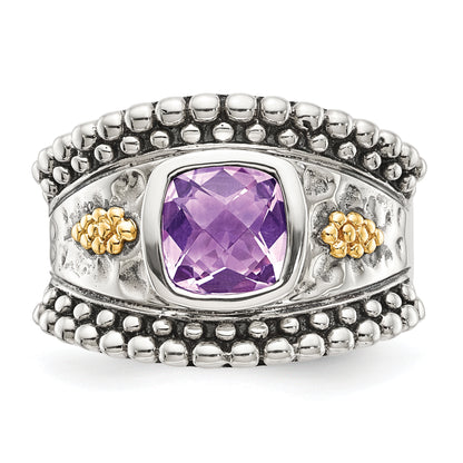 14K/Silver Two Tone Shey Couture Sterling Silver With 14K Accent Antiqued Checkerboard Cut Cushion Bezel Amethyst Ring