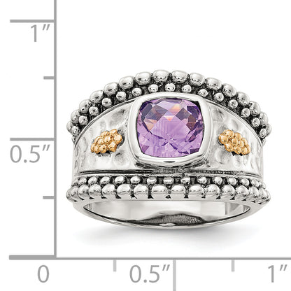 14K/Silver Two Tone Shey Couture Sterling Silver With 14K Accent Antiqued Checkerboard Cut Cushion Bezel Amethyst Ring