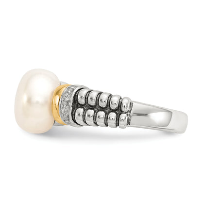 14K/Silver Two Tone Shey Couture Sterling Silver With 14K Accent Antiqued Diamond And 9.5 10mm Freshwater Cultured Pearl Ring