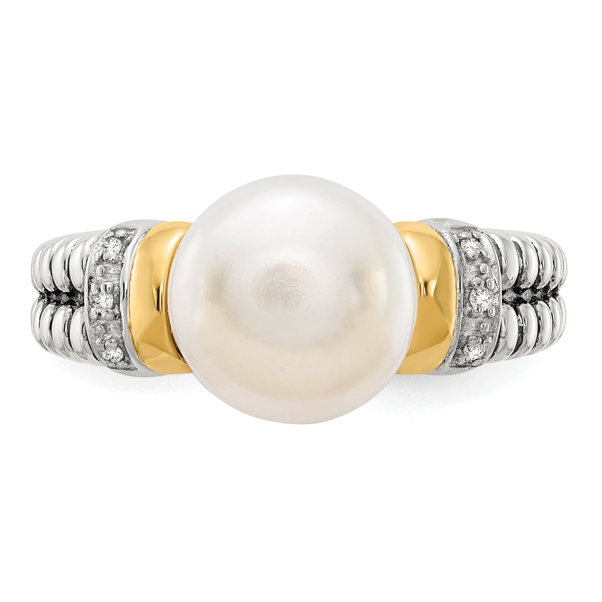 14K/Silver Two Tone Shey Couture Sterling Silver With 14K Accent Antiqued Diamond And 9.5 10mm Freshwater Cultured Pearl Ring