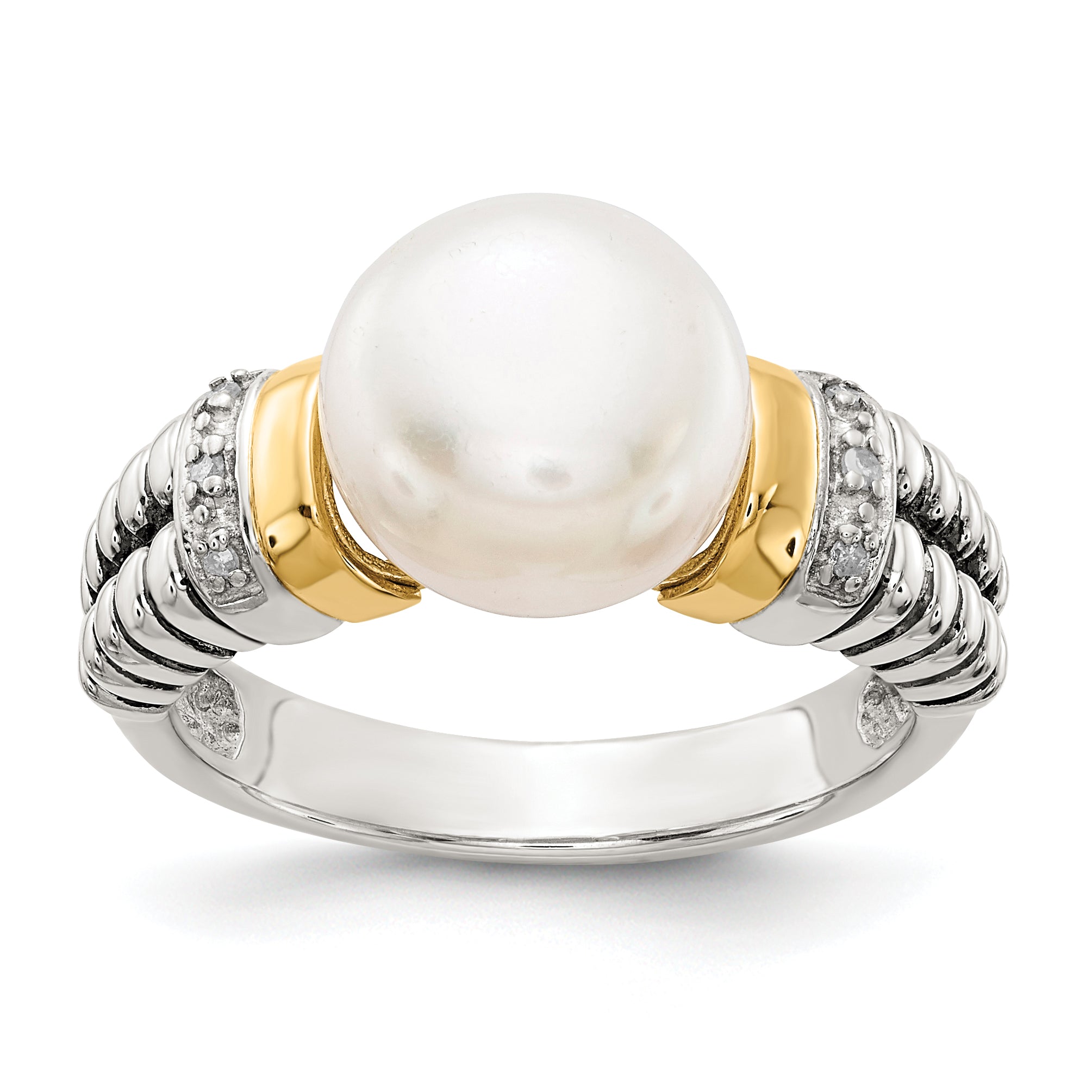 14K/Silver Two Tone Shey Couture Sterling Silver With 14K Accent Antiqued Diamond And 9.5 10mm Freshwater Cultured Pearl Ring