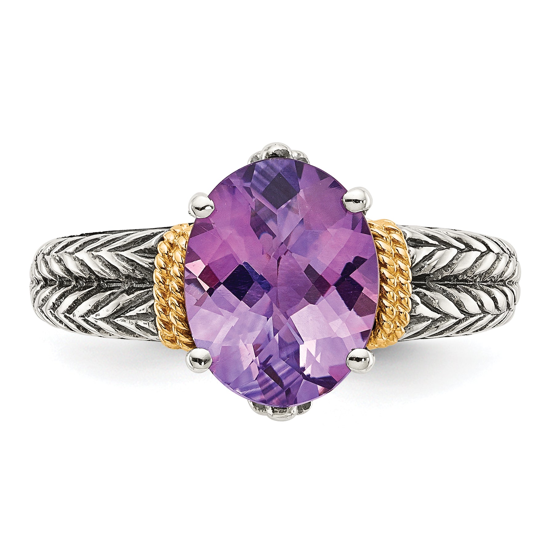 14K/Silver Two Tone Shey Couture Sterling Silver With 14K Accent Antiqued Oval Amethyst Ring