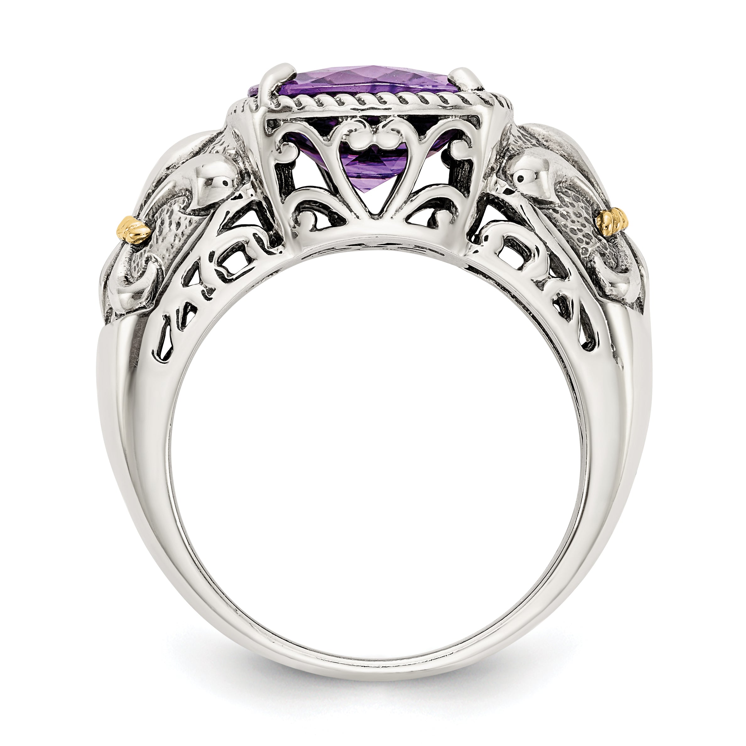 14K/Silver Two Tone Shey Couture Sterling Silver With 14K Accent Antiqued Cushion Amethyst Ring