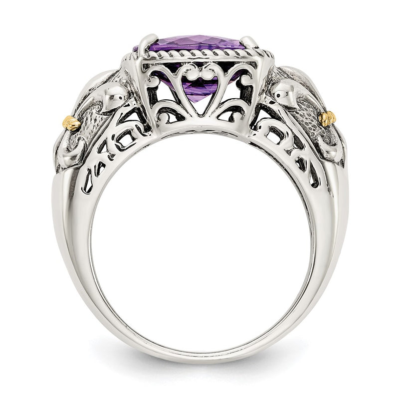 14K/Silver Two Tone Shey Couture Sterling Silver With 14K Accent Antiqued Cushion Amethyst Ring