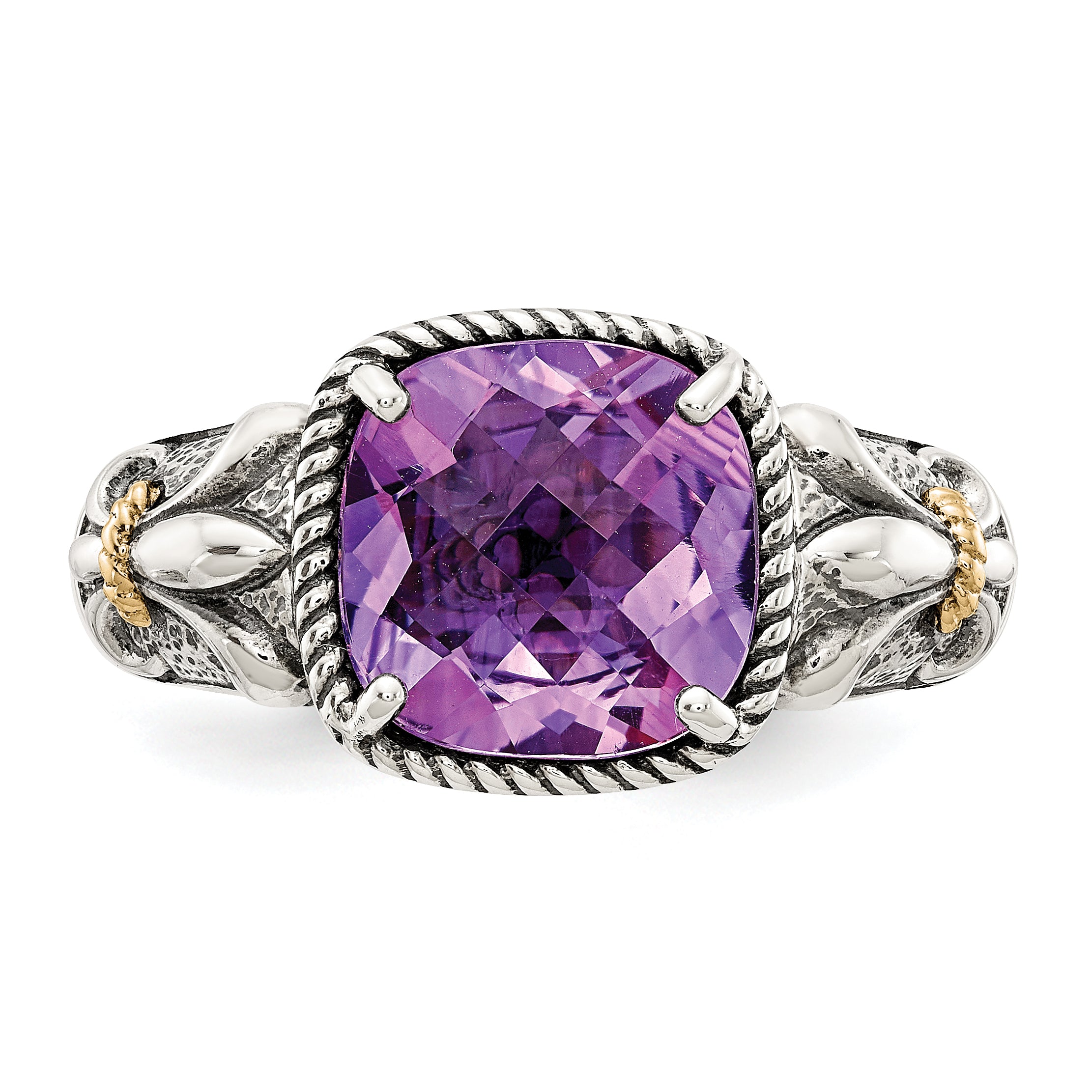 14K/Silver Two Tone Shey Couture Sterling Silver With 14K Accent Antiqued Cushion Amethyst Ring