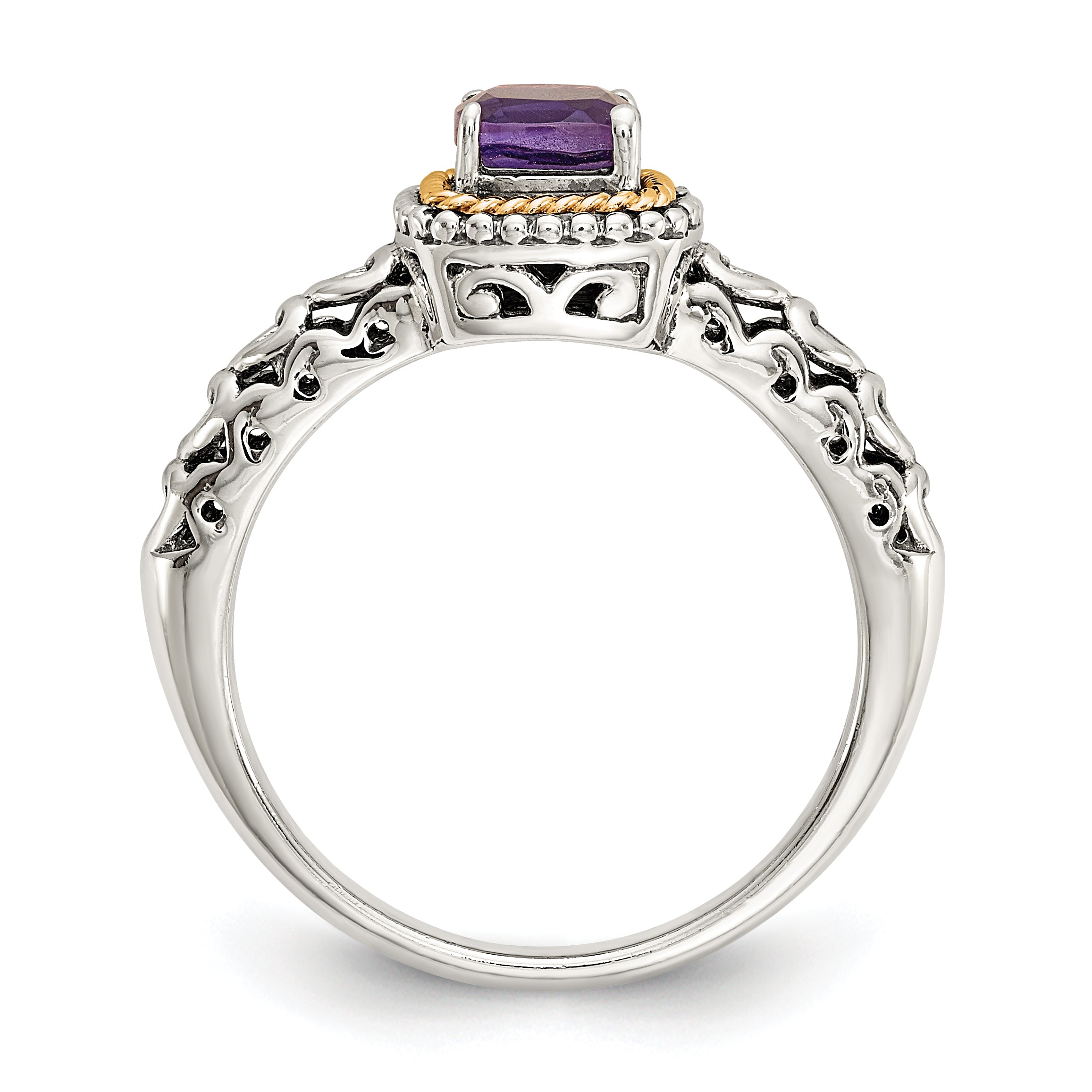14K/Silver Two Tone Shey Couture Sterling Silver With 14K Accent Antiqued Cushion Amethyst Ring