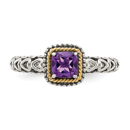 14K/Silver Two Tone Shey Couture Sterling Silver With 14K Accent Antiqued Cushion Amethyst Ring