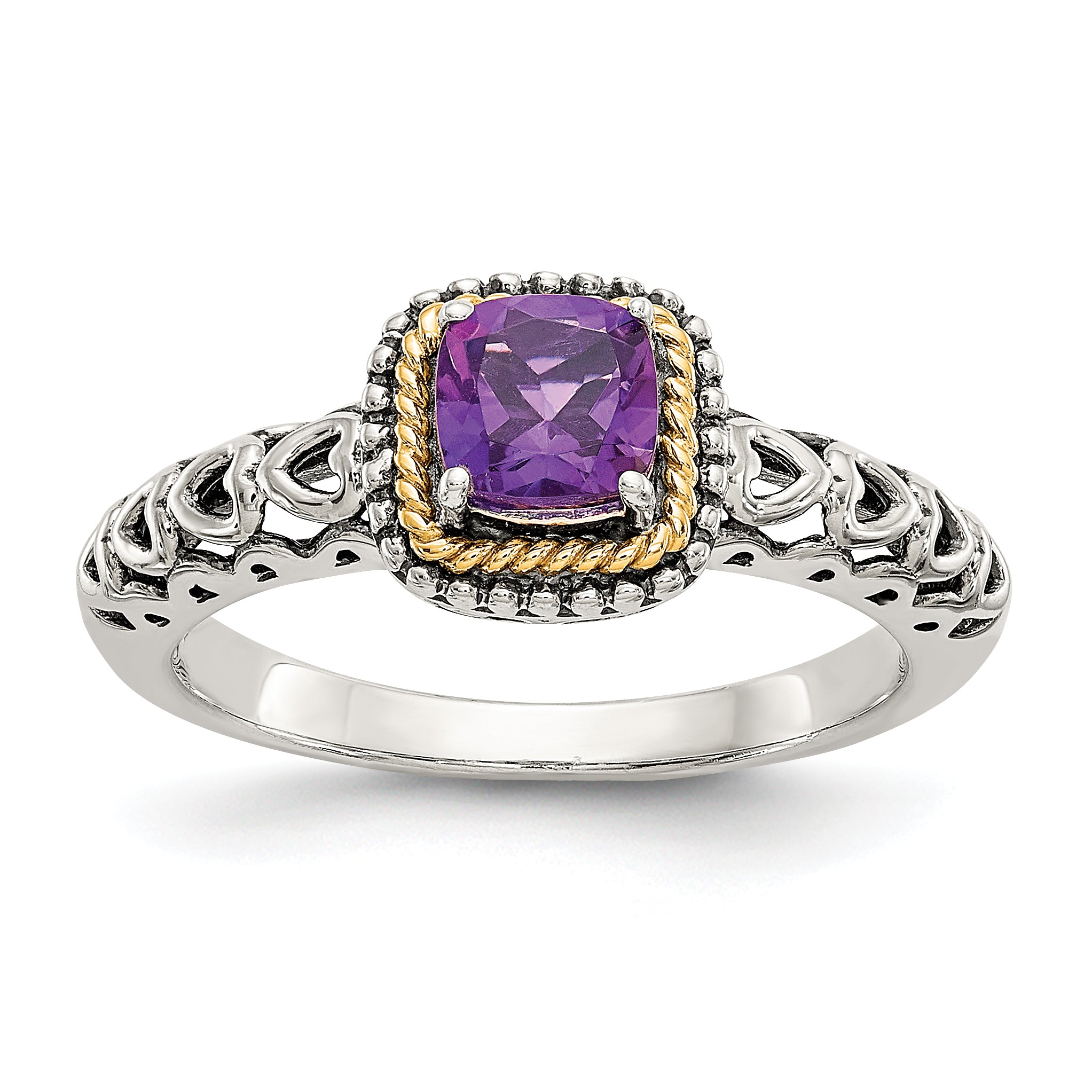 14K/Silver Two Tone Shey Couture Sterling Silver With 14K Accent Antiqued Cushion Amethyst Ring