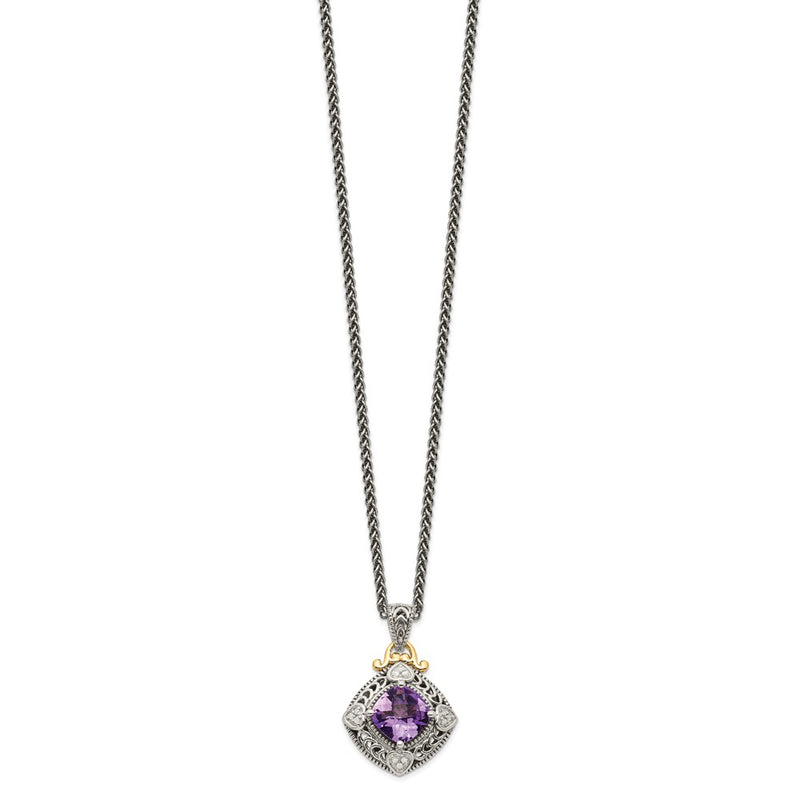 14K/Silver Two Tone Shey Couture Sterling Silver With 14K Accent 18 Inch Antiqued Cushion Amethyst Necklace