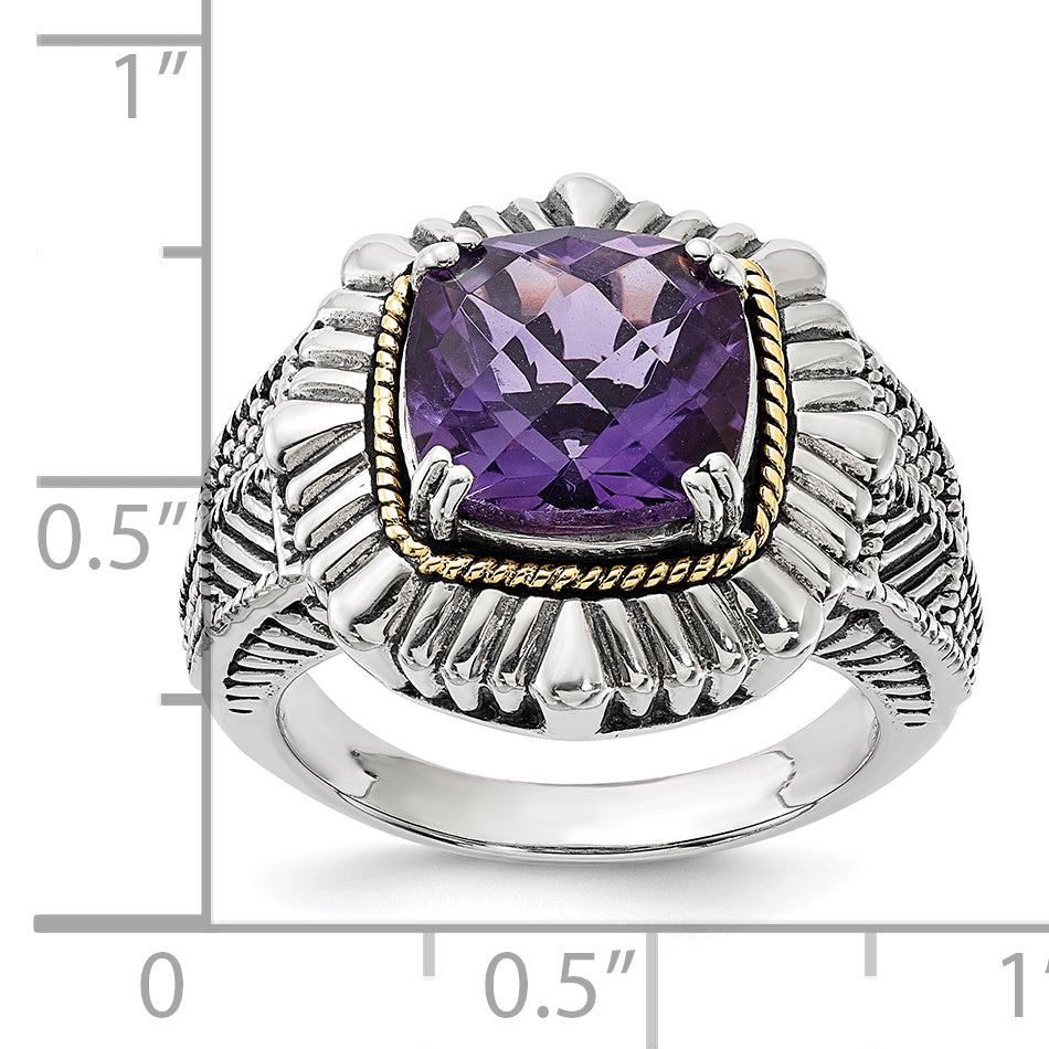 14K/Silver Two Tone Sterling Silver 14K Polished & Antiqued Textured Amethyst Ring (Size 7 Only)
