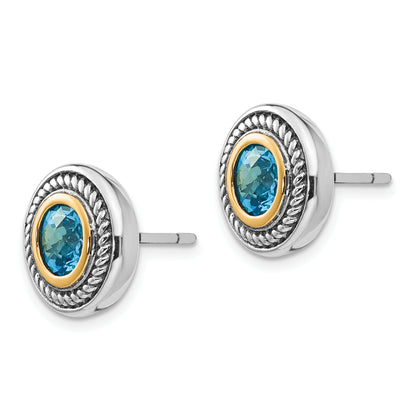 14K/Silver Two Tone Shey Couture Sterling Silver With 14K Accent Antiqued Round Blue Topaz Post Earrings