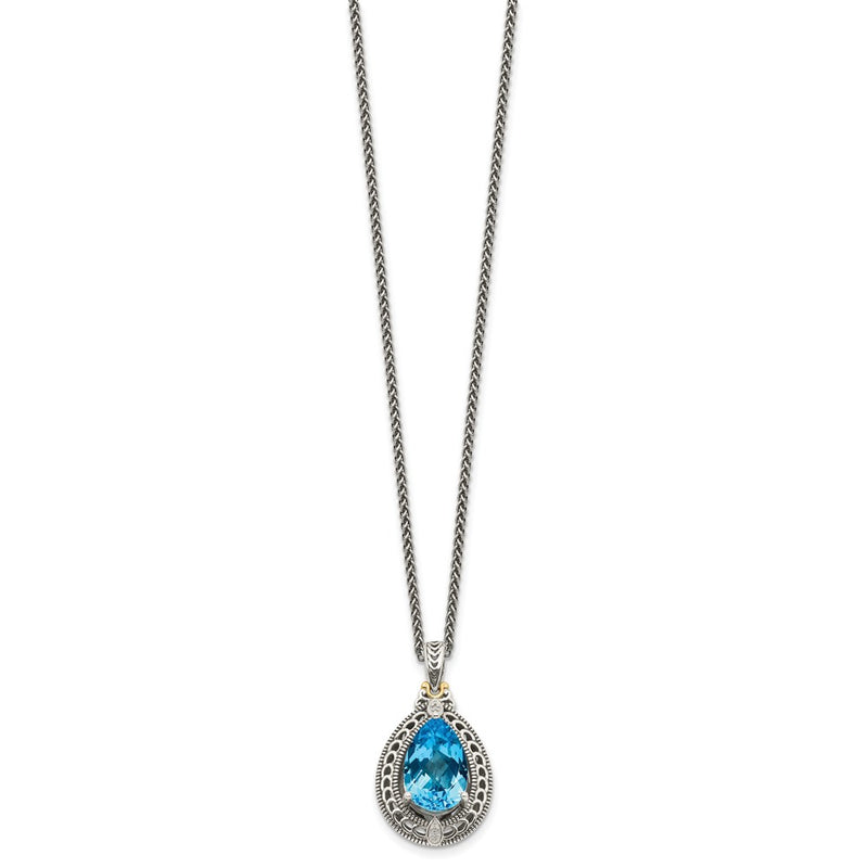 14K/Silver Two Tone Shey Couture Sterling Silver With 14K Accent 18 Inch Antiqued Diamond And Pear Shaped Blue Topaz Necklace