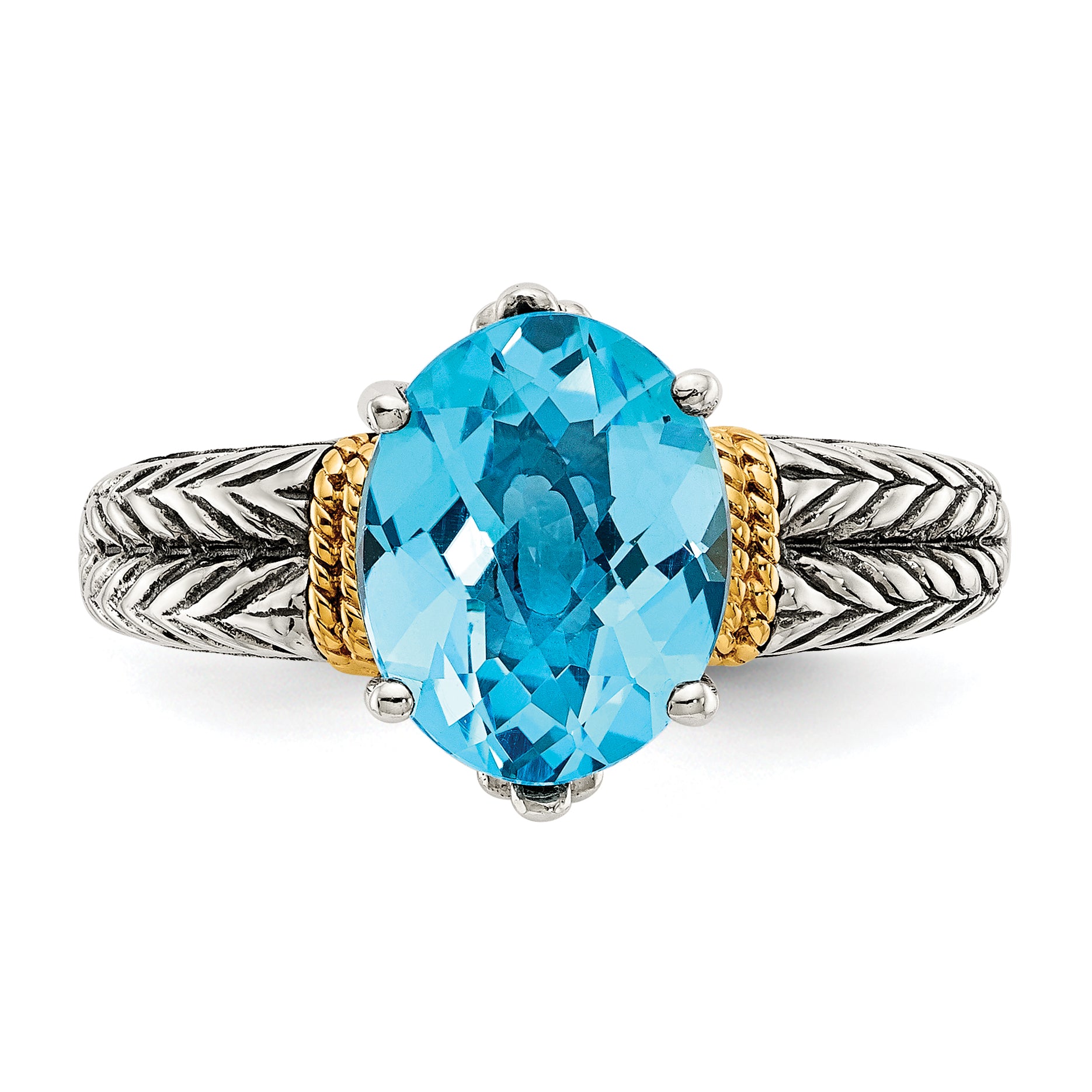 14K/Silver Two Tone Shey Couture Sterling Silver With 14K Accent Antiqued Oval Blue Topaz Ring
