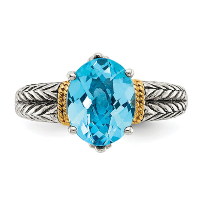 14K/Silver Two Tone Shey Couture Sterling Silver With 14K Accent Antiqued Oval Blue Topaz Ring