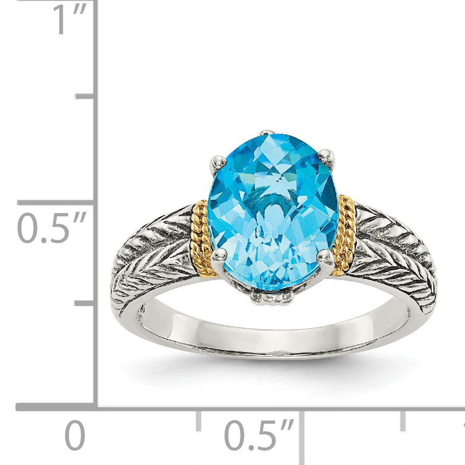 14K/Silver Two Tone Shey Couture Sterling Silver With 14K Accent Antiqued Oval Blue Topaz Ring