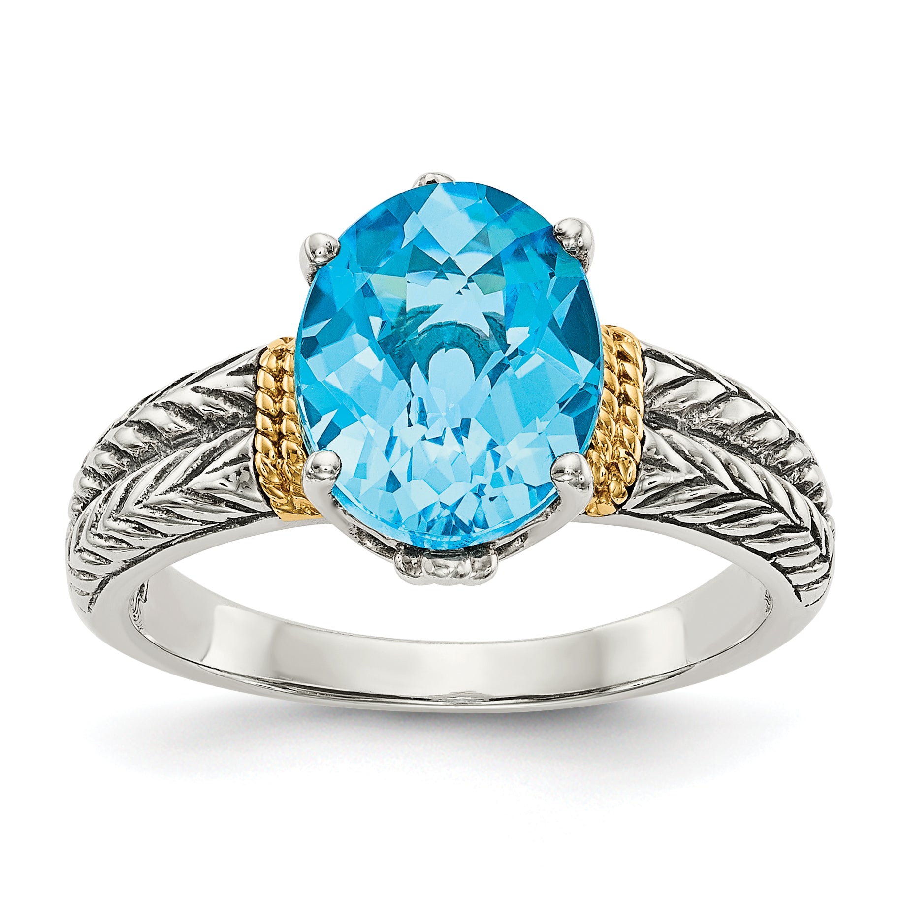 14K/Silver Two Tone Shey Couture Sterling Silver With 14K Accent Antiqued Oval Blue Topaz Ring