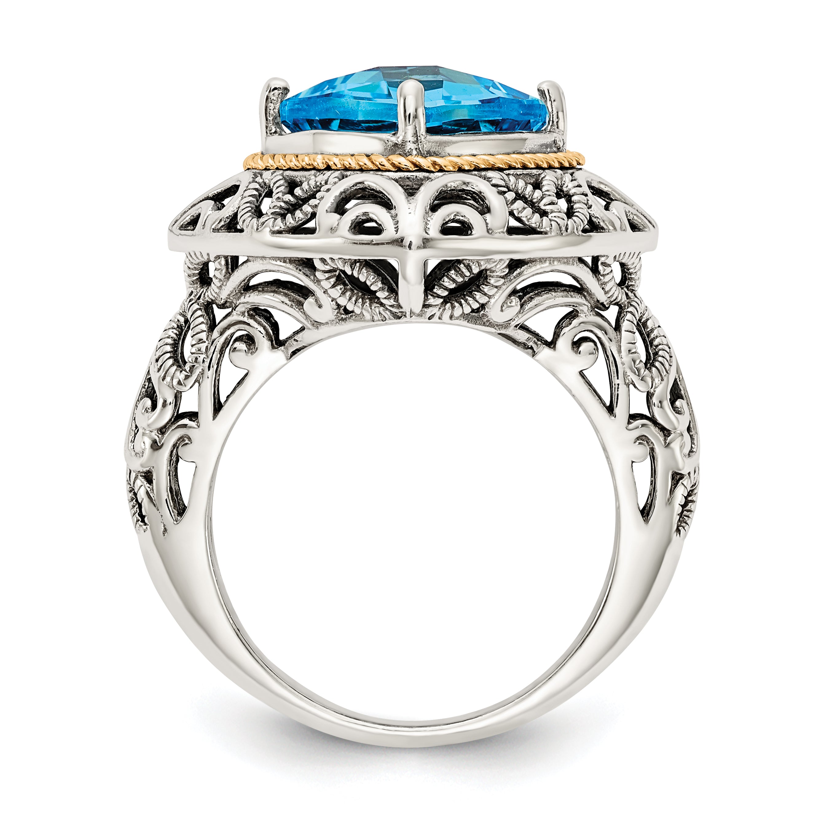 14K/Silver Two Tone Shey Couture Sterling Silver With 14K Accent Antiqued Cushion Blue Topaz Ring