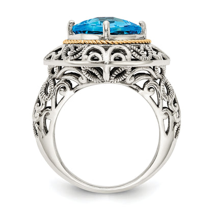 14K/Silver Two Tone Shey Couture Sterling Silver With 14K Accent Antiqued Cushion Blue Topaz Ring