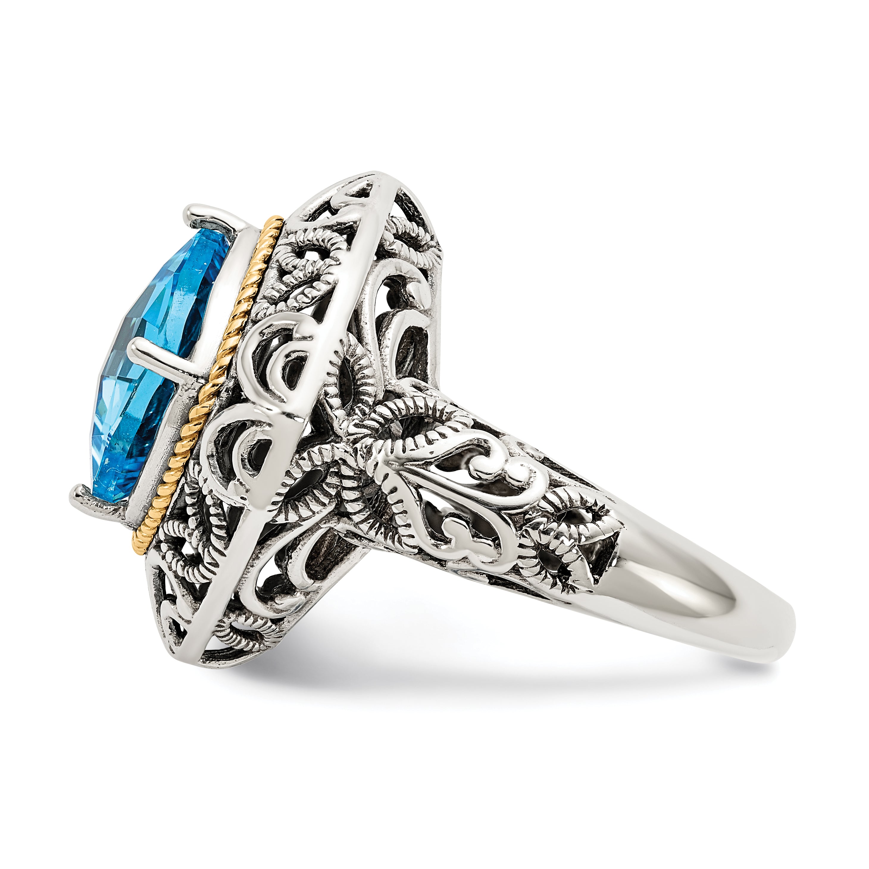 14K/Silver Two Tone Shey Couture Sterling Silver With 14K Accent Antiqued Cushion Blue Topaz Ring