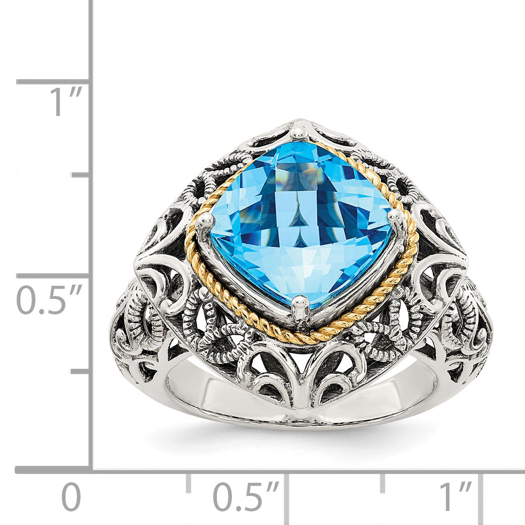 14K/Silver Two Tone Shey Couture Sterling Silver With 14K Accent Antiqued Cushion Blue Topaz Ring