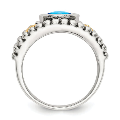 14K/Silver Two Tone Shey Couture Sterling Silver With 14K Accent Antiqued Checkerboard Bezel Blue Topaz Ring