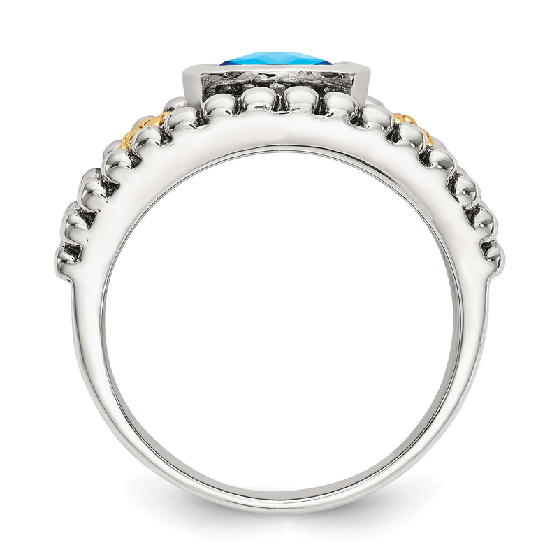 14K/Silver Two Tone Shey Couture Sterling Silver With 14K Accent Antiqued Checkerboard Bezel Blue Topaz Ring